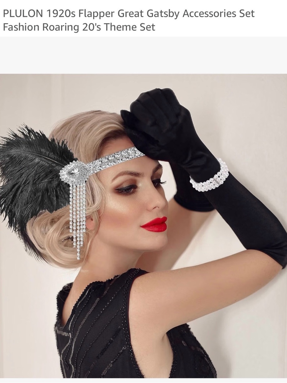 1920s Flapper Headband and Gloves Set - Black